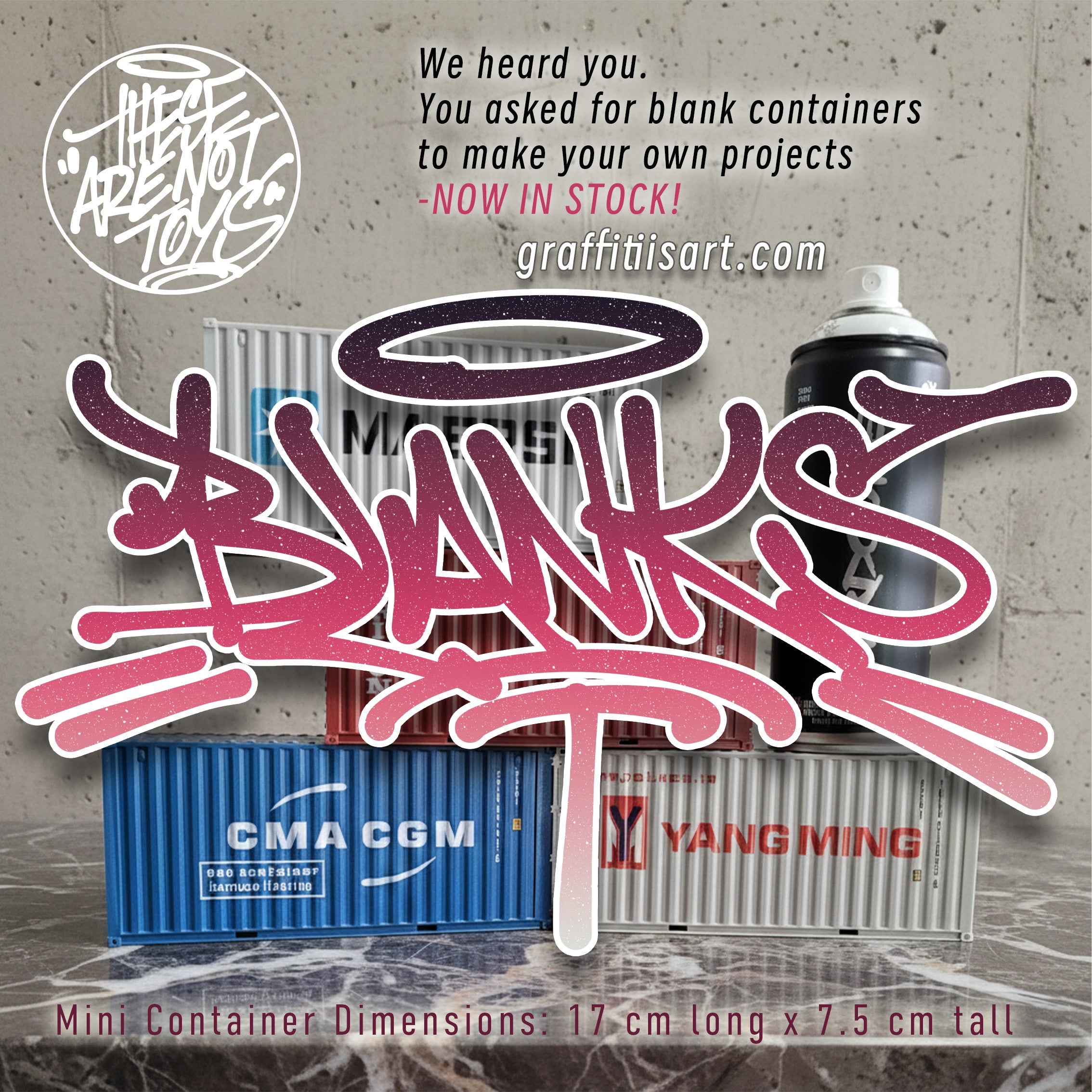 17cm long by 7.5cm tall mini shipping container for graffiti art