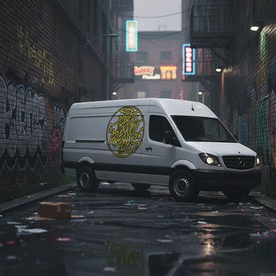 white shipping van with these are not toys logo printed on the side, sitting in a gritty urban alleyway