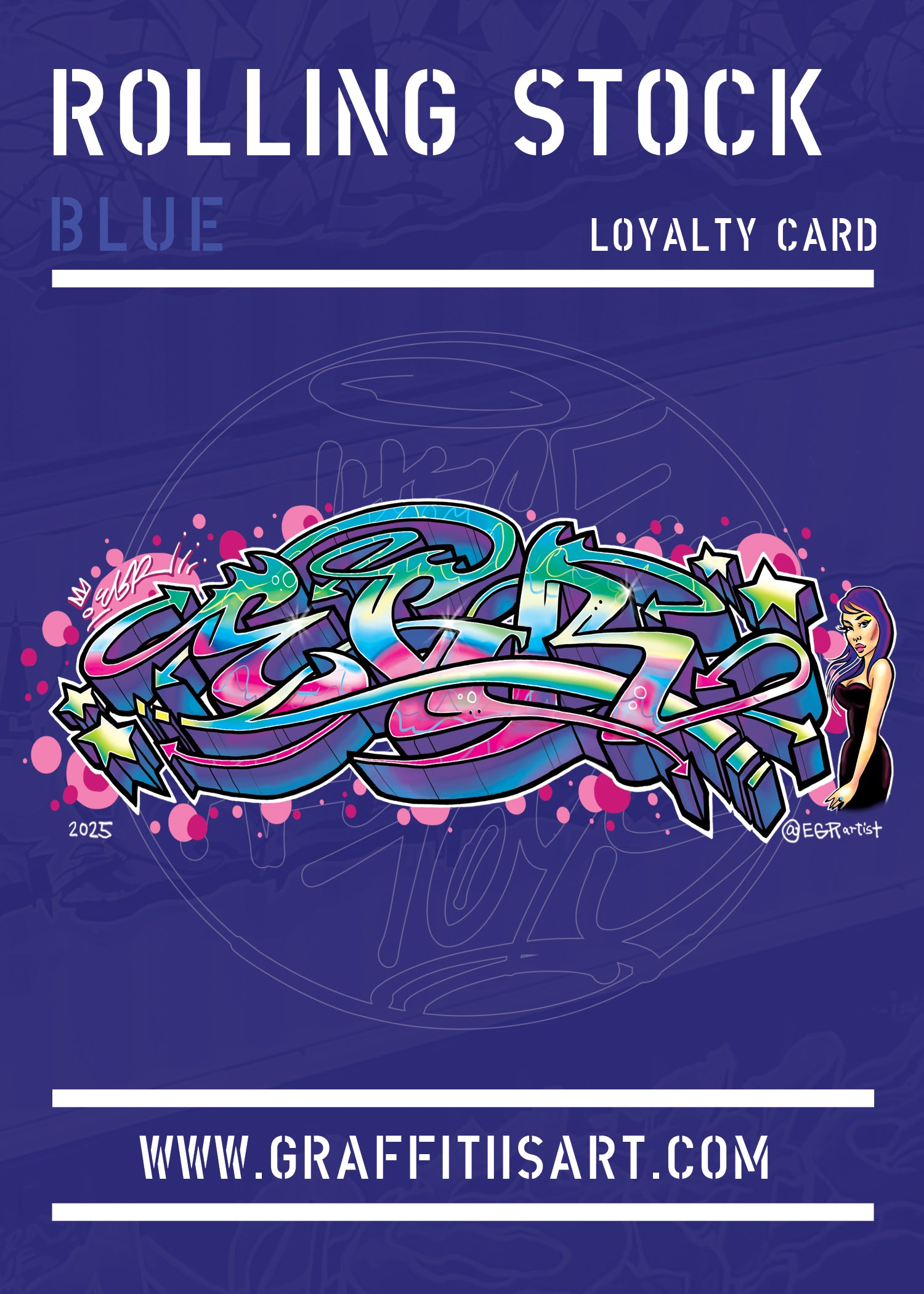 Physical Blue Acrylic Rolling Stock Card - Milestone 1 reward for earning 300 Stamps.