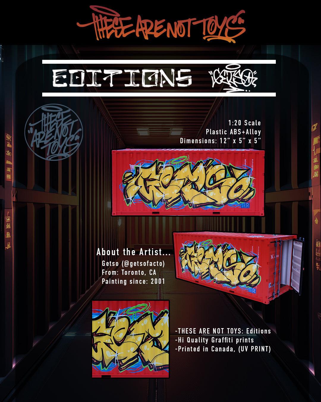 Promotional graphic for 'Three Are Not Toys Editions' featuring red plastic A65 alloy art prints with yellow graffiti-style graphics, shown in a dark alley setting with text details.