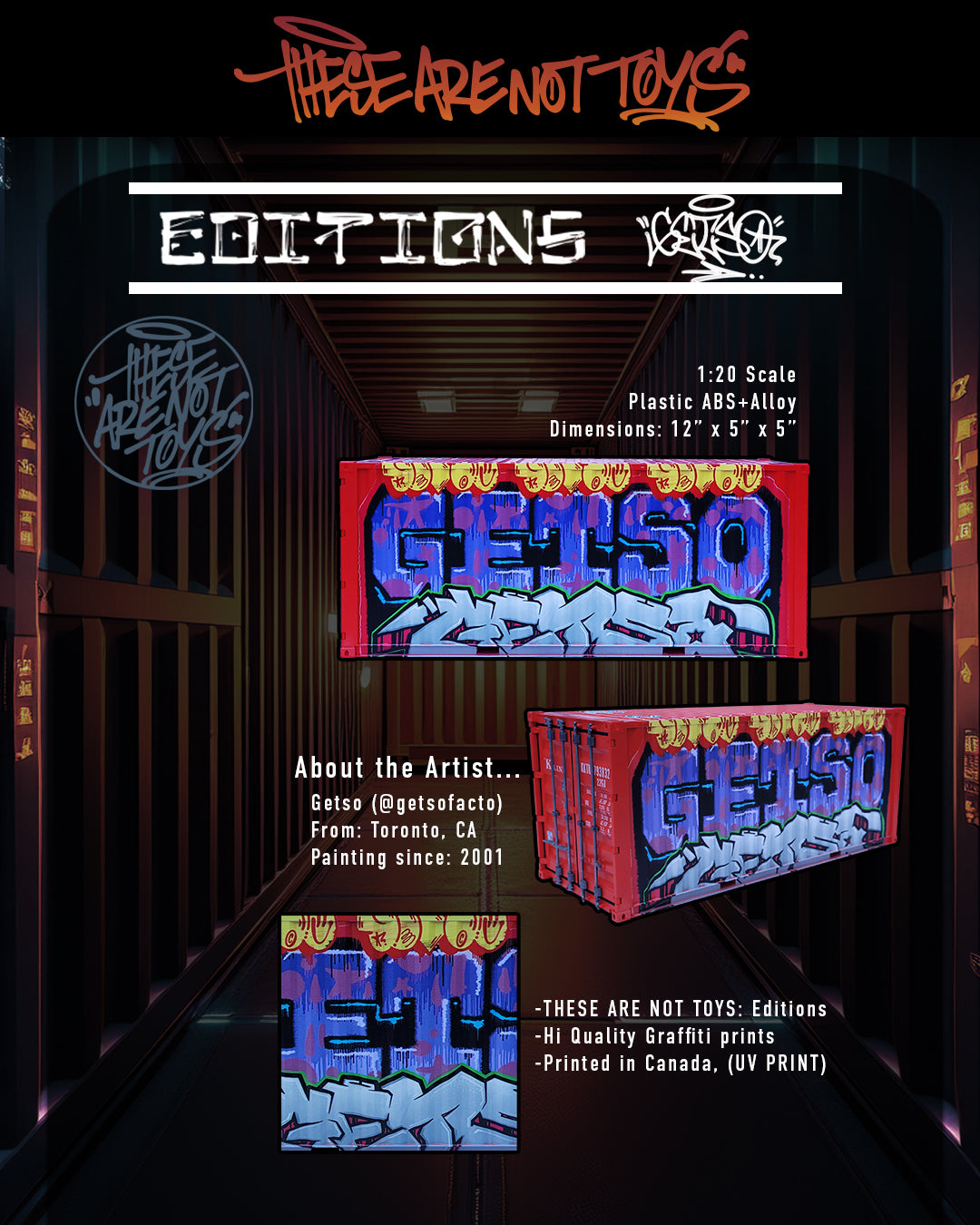 Promotional graphic for Three Are Not Toys Editions featuring a 1:28 scale plastic ABS-Alloy collectible box set inspired by graffiti artist Getso. The design showcases the product in a dark, industrial warehouse setting, displaying the front and side views of the red, blue, and white graffiti-themed boxes, along with text detailing the artist and product specifications.