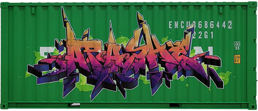 Straight-on view of the Edition: Apashe 12-inch scale graffiti container