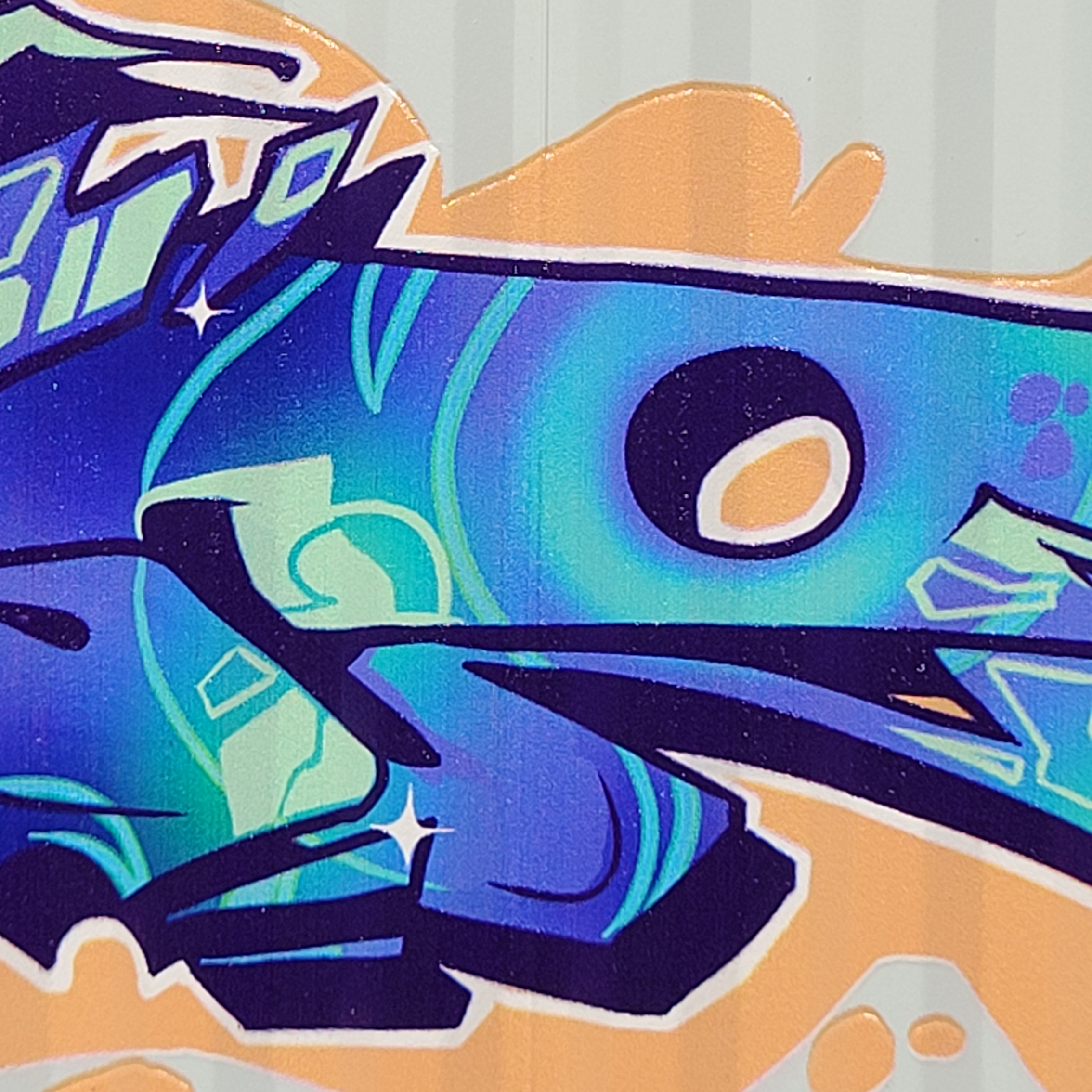 Close-up detail of Case's 3D letter style and iconic graffiti characters