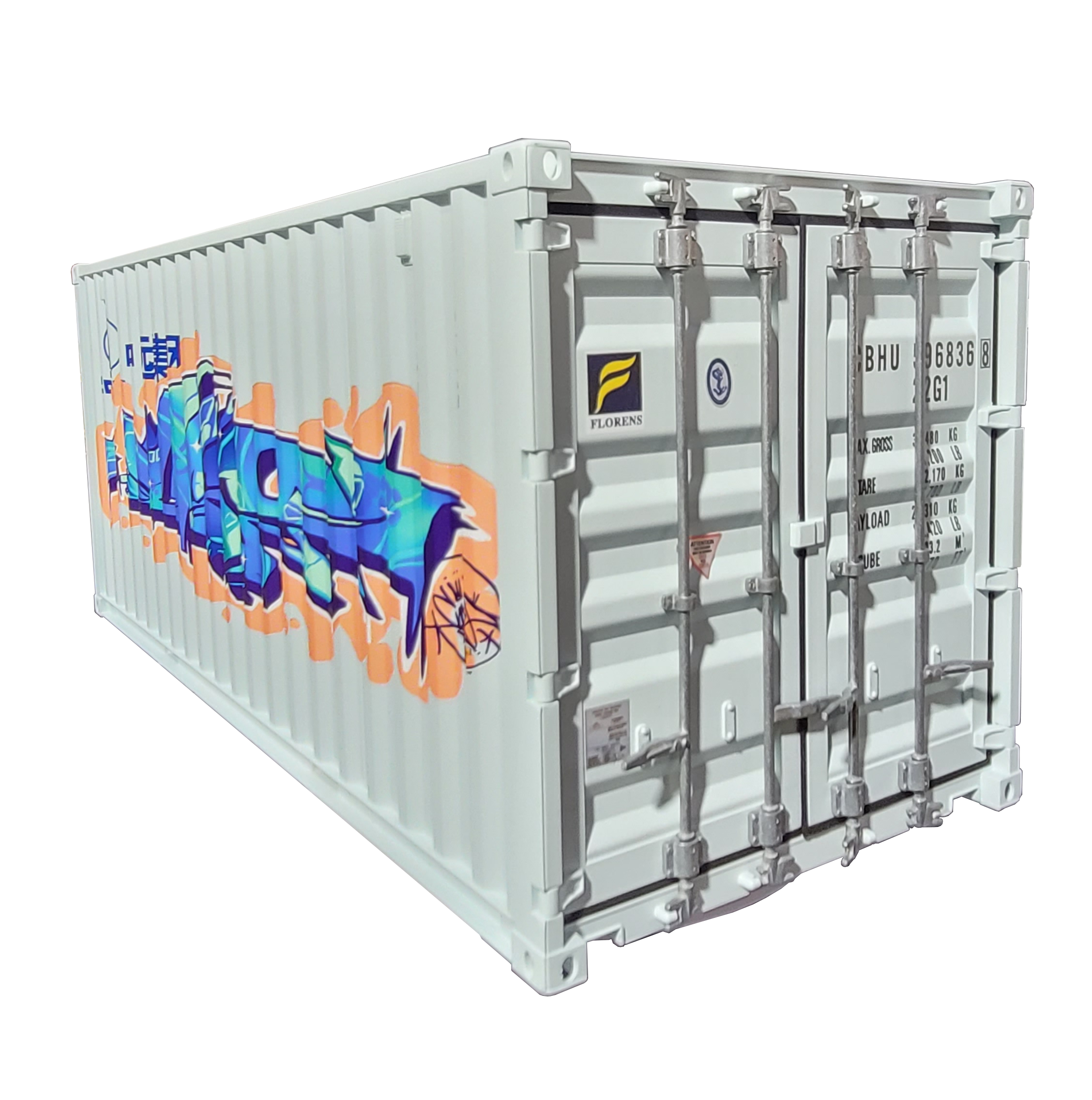 3/4 angled view of replica train container featuring Case's artwork