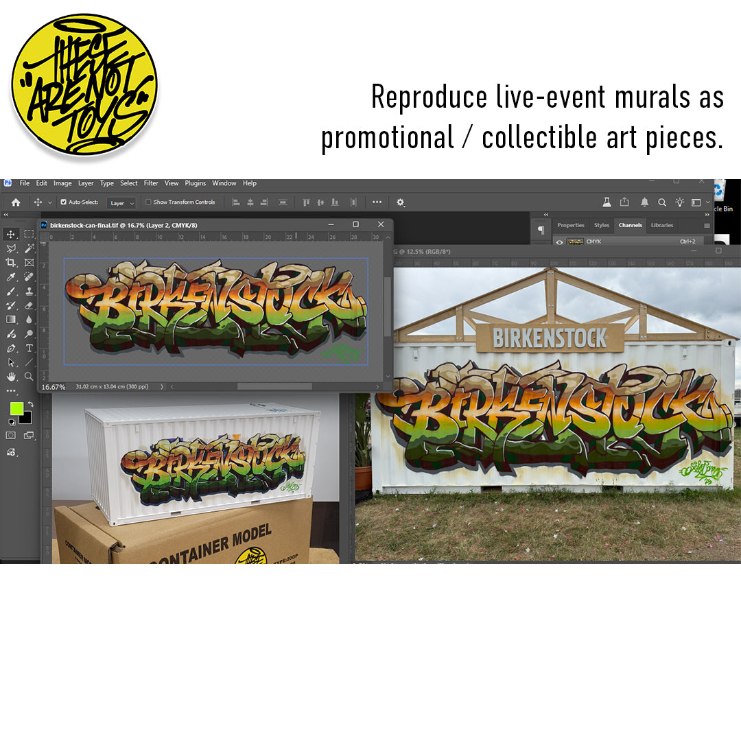 Graffiti art on a container model and live event mural with 'Birkenstock' branding.