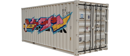 3/4 angled view of replica train container featuring Hope TCM's artwork
