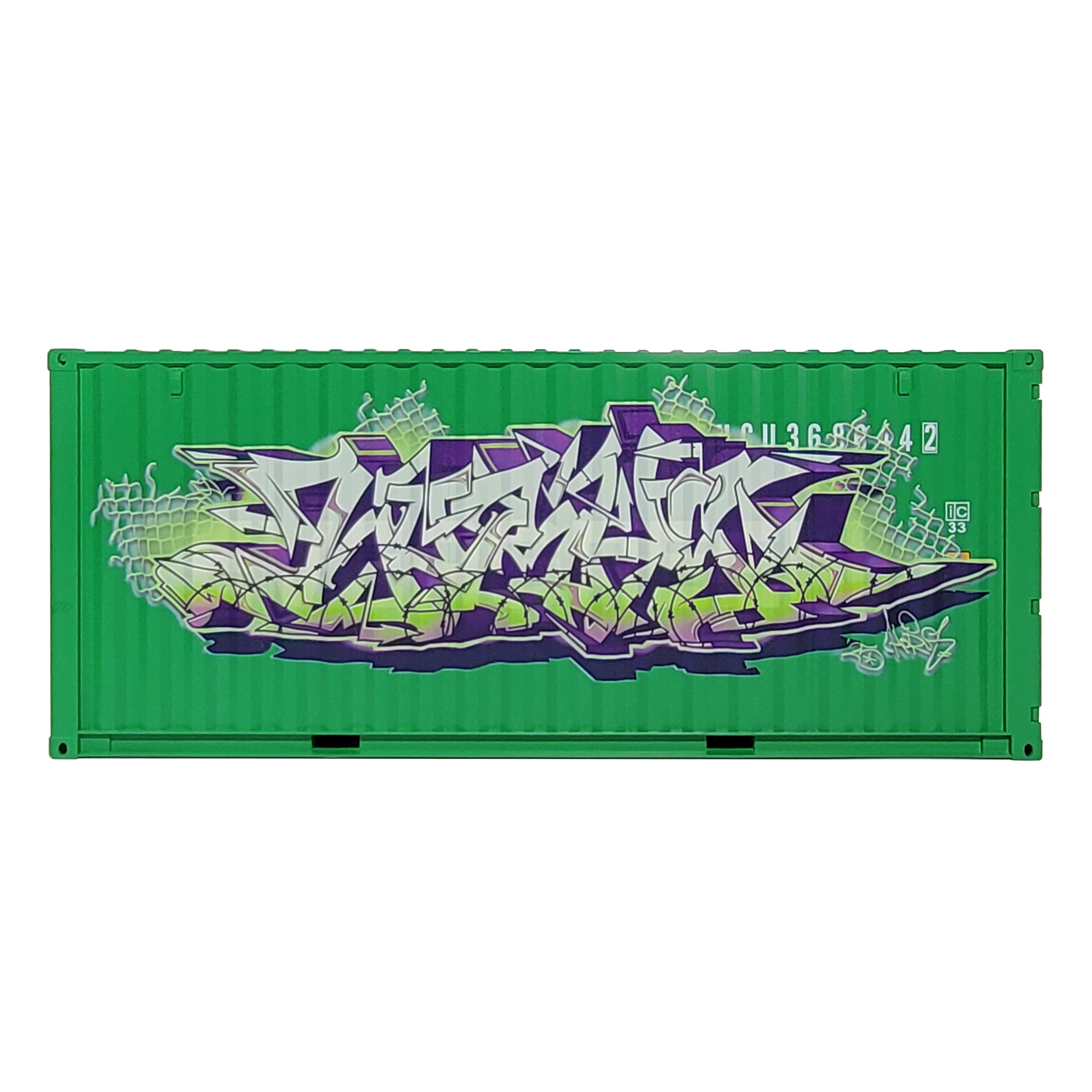 Straight-on view of the Edition: Horus 12-inch scale graffiti container