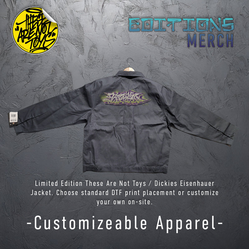 Black jacket with graffiti print on a textured gray background, featuring text about customizable apparel.