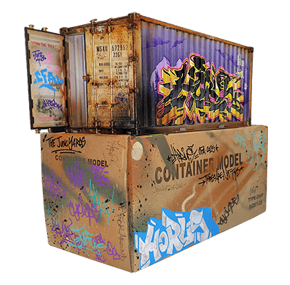 3/4 angled view of the original hand-painted container featuring Horus's artwork