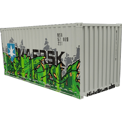 3/4 angled view of the original hand-painted container featuring Minus2's artwork