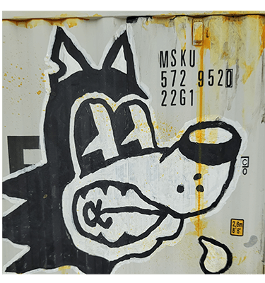 Close-up detail of Takeo's retro character and raw, hand-painted style