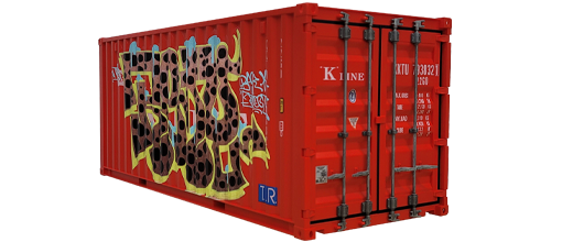 3/4 angled view of replica shipping container featuring Remio's artwork