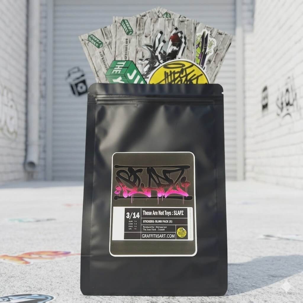 Black 'blind pack' bag with graffiti-style label and colorful stickers on a concrete surface.